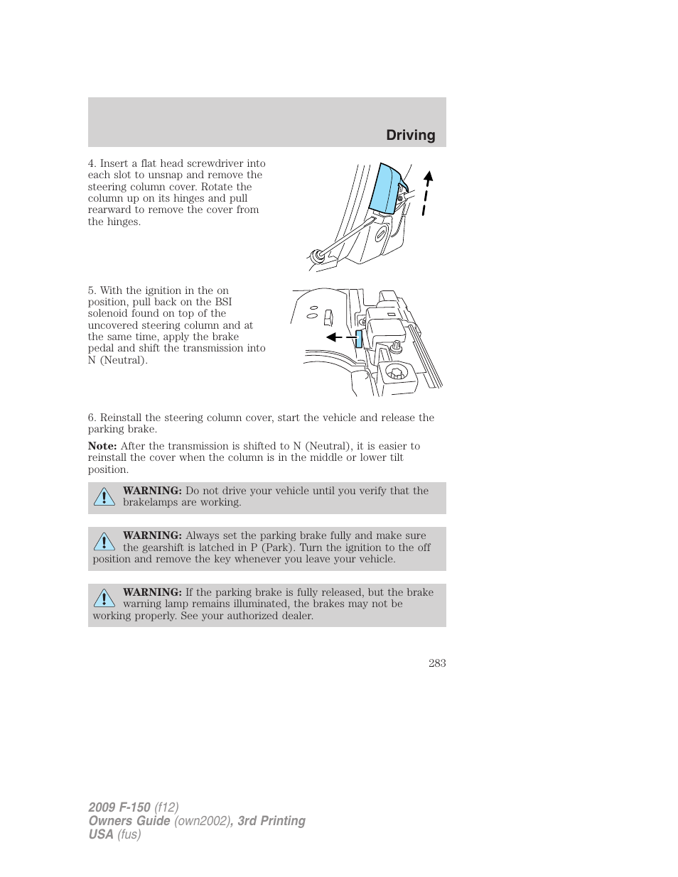 Driving | FORD 2009 F-150 v.3 User Manual | Page 283 / 409