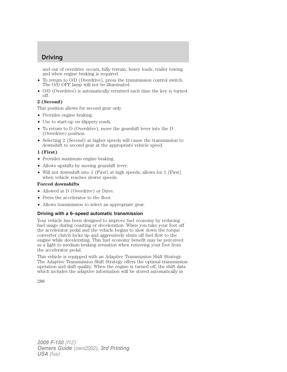 Driving with a 6–speed automatic transmission, Driving | FORD 2009 F-150 v.3 User Manual | Page 288 / 409