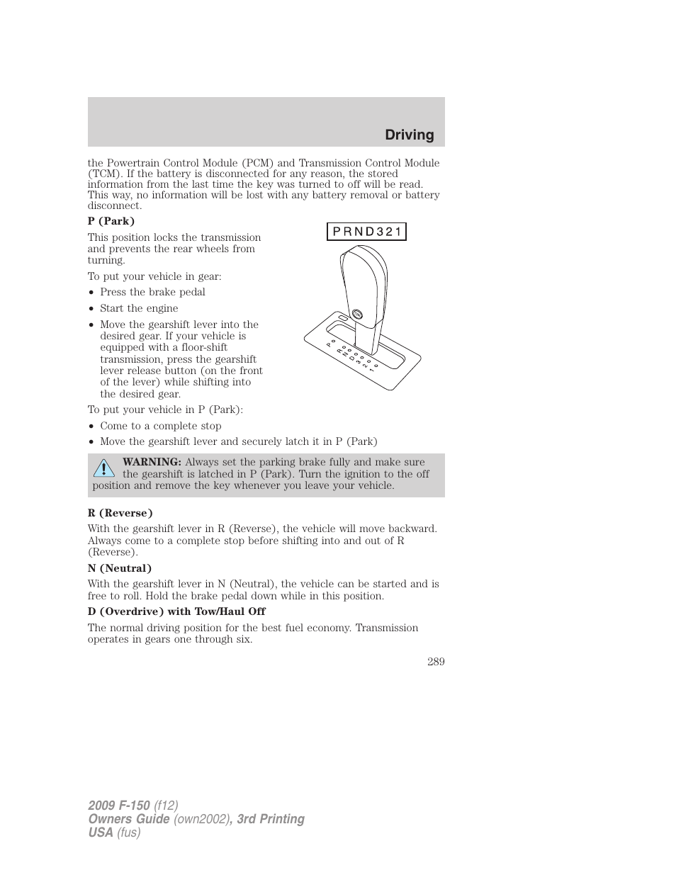 Driving | FORD 2009 F-150 v.3 User Manual | Page 289 / 409