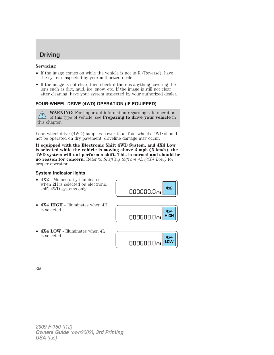 Four-wheel drive (4wd) operation (if equipped), System indicator lights, Driving | FORD 2009 F-150 v.3 User Manual | Page 296 / 409