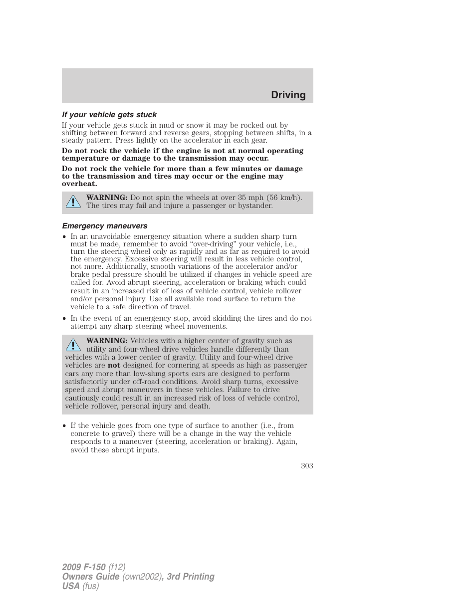 If your vehicle gets stuck, Emergency maneuvers, Driving | FORD 2009 F-150 v.3 User Manual | Page 303 / 409