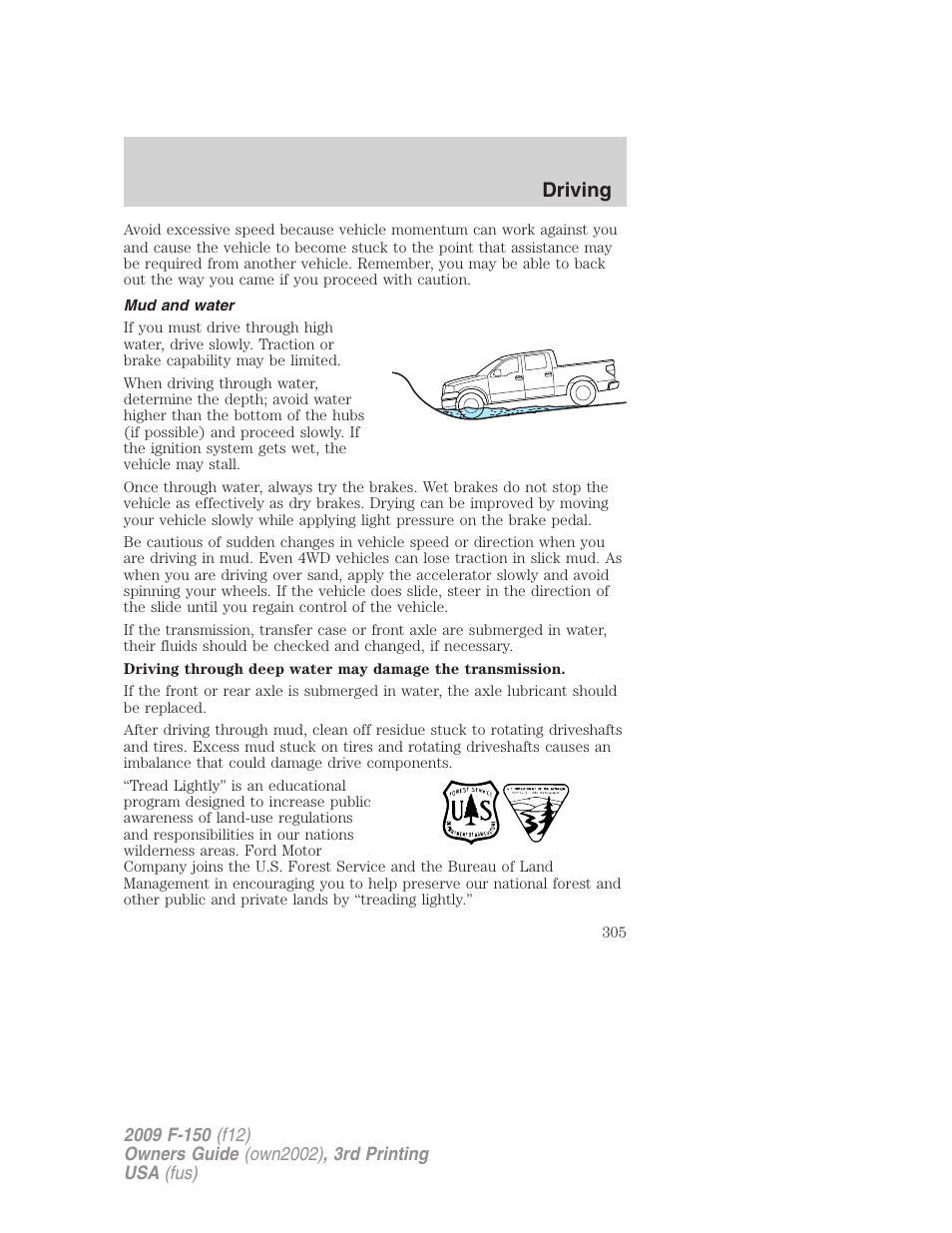 Mud and water, Driving | FORD 2009 F-150 v.3 User Manual | Page 305 / 409