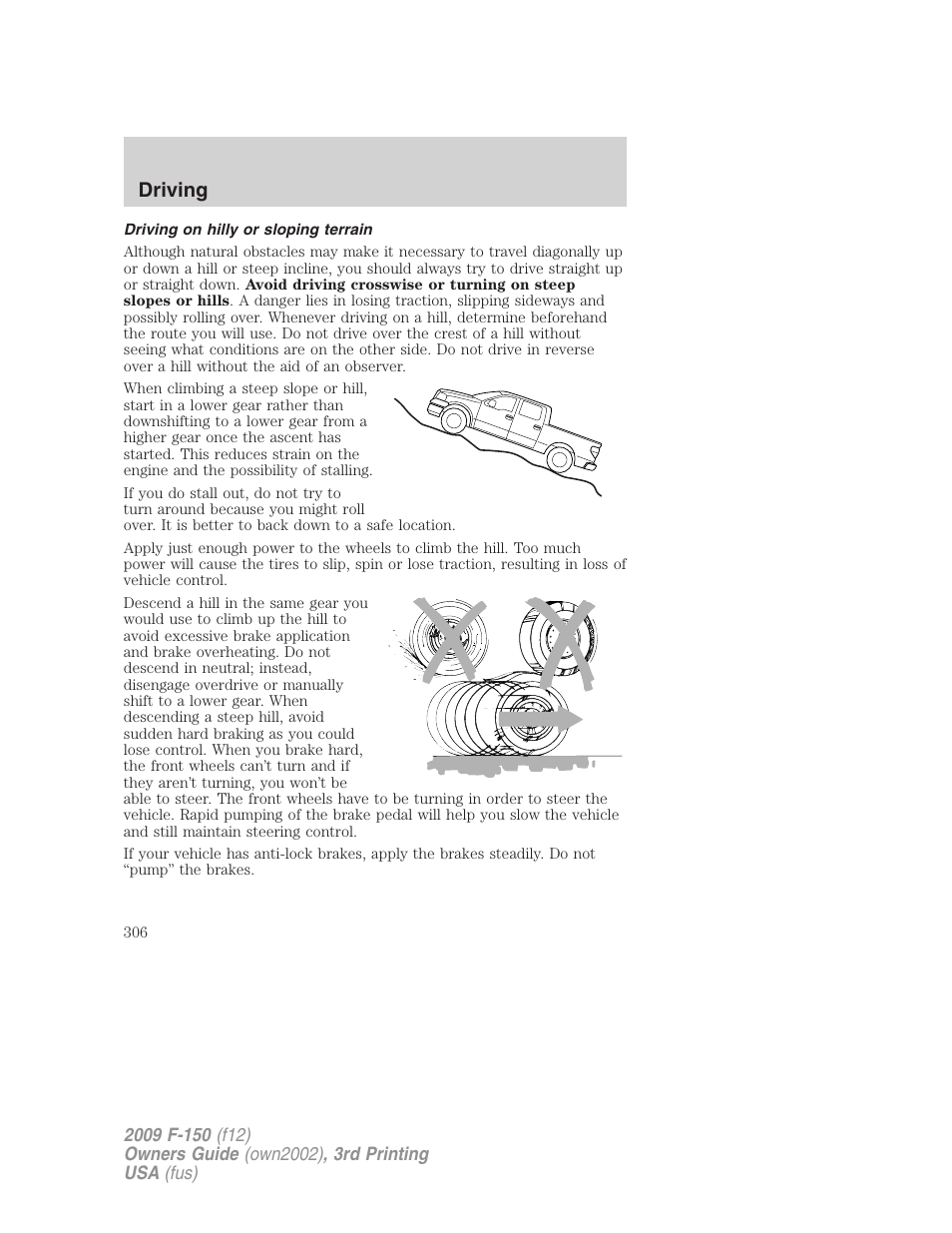 Driving on hilly or sloping terrain, Driving | FORD 2009 F-150 v.3 User Manual | Page 306 / 409