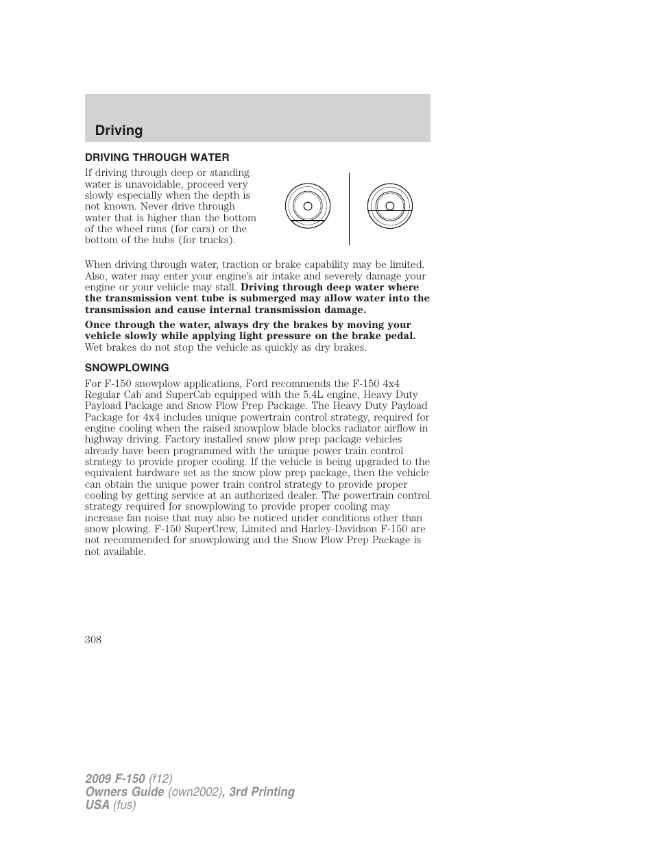 Driving through water, Snowplowing, Driving | FORD 2009 F-150 v.3 User Manual | Page 308 / 409