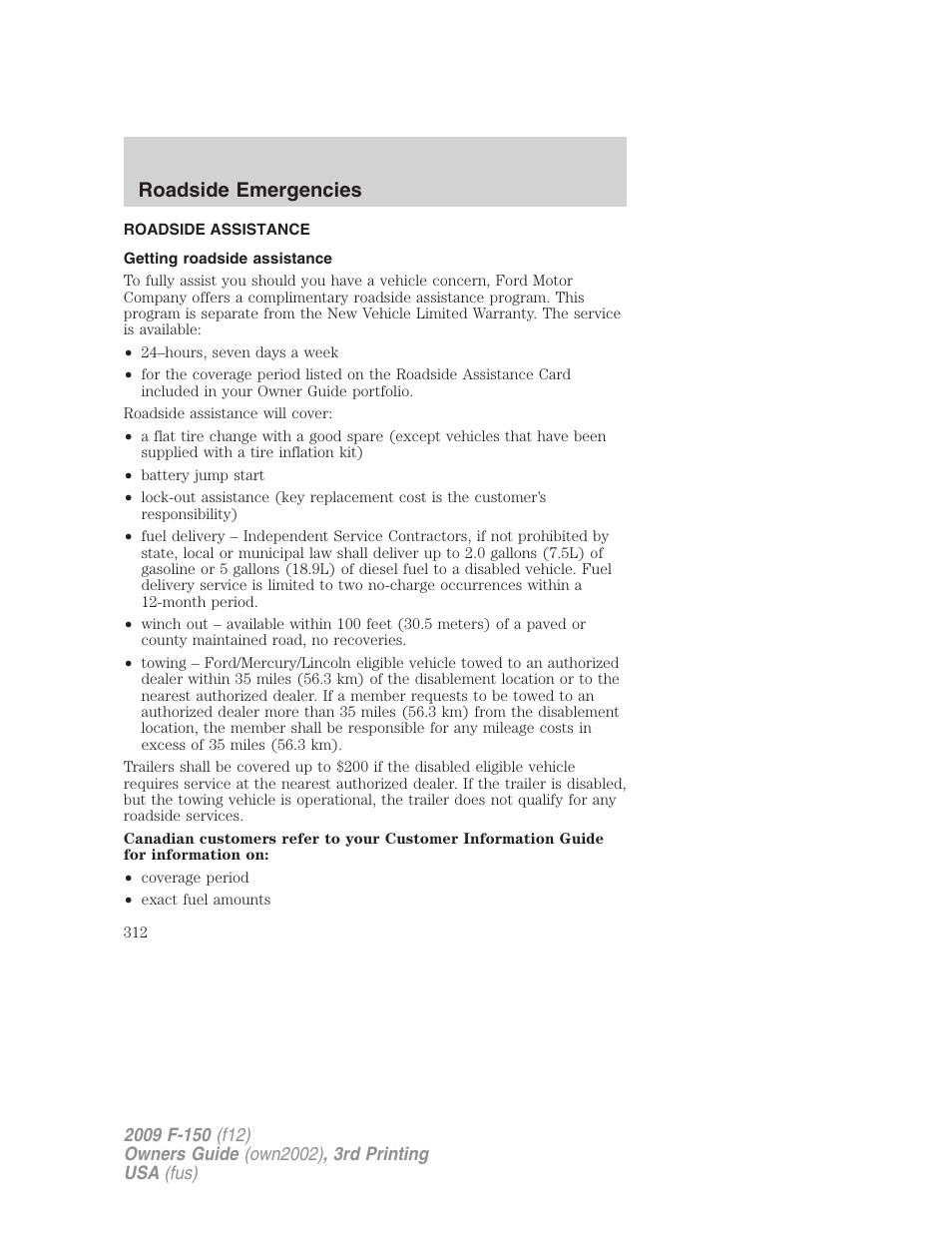 Roadside emergencies, Roadside assistance, Getting roadside assistance | FORD 2009 F-150 v.3 User Manual | Page 312 / 409