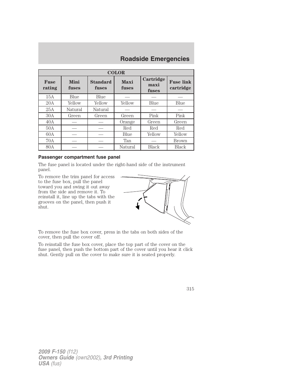 Passenger compartment fuse panel, Roadside emergencies | FORD 2009 F-150 v.3 User Manual | Page 315 / 409