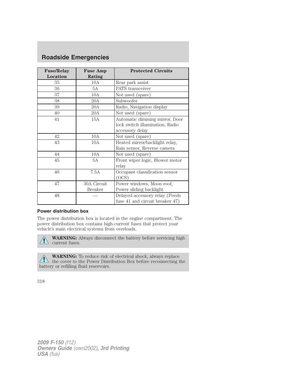 Power distribution box, Roadside emergencies | FORD 2009 F-150 v.3 User Manual | Page 318 / 409