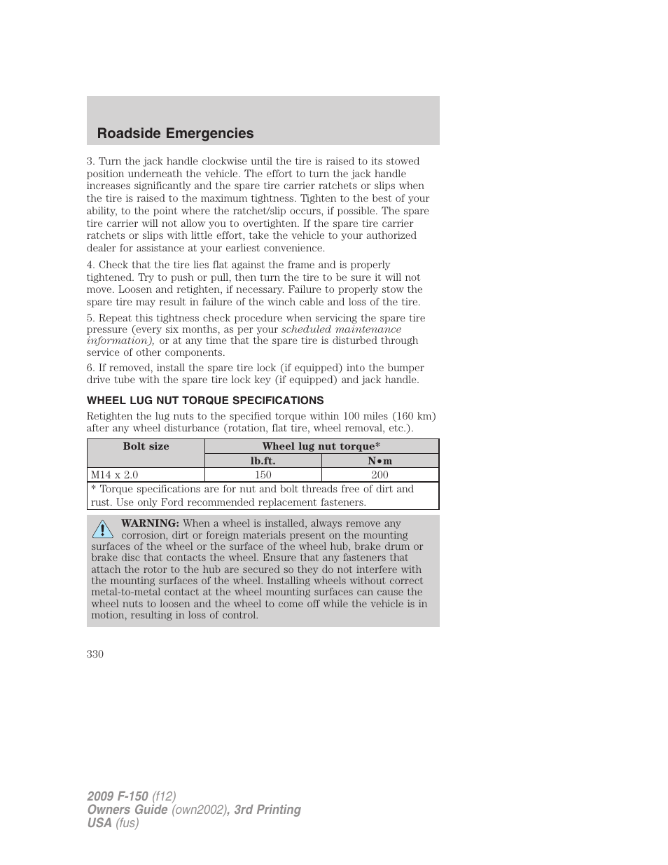 Wheel lug nut torque specifications, Wheel lug nut torque, Roadside emergencies | FORD 2009 F-150 v.3 User Manual | Page 330 / 409