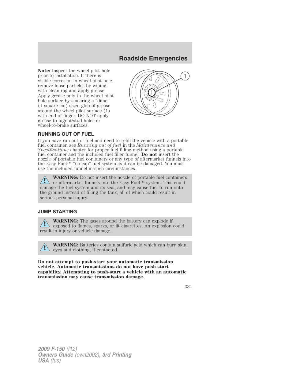 Running out of fuel, Jump starting, Roadside emergencies | FORD 2009 F-150 v.3 User Manual | Page 331 / 409