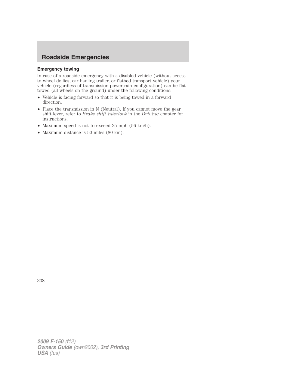 Emergency towing, Roadside emergencies | FORD 2009 F-150 v.3 User Manual | Page 338 / 409