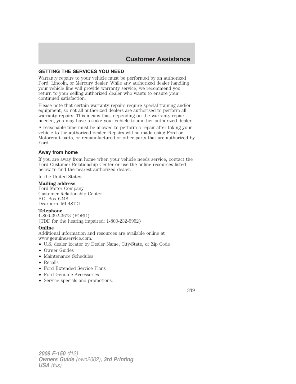 Customer assistance, Getting the services you need, Away from home | FORD 2009 F-150 v.3 User Manual | Page 339 / 409