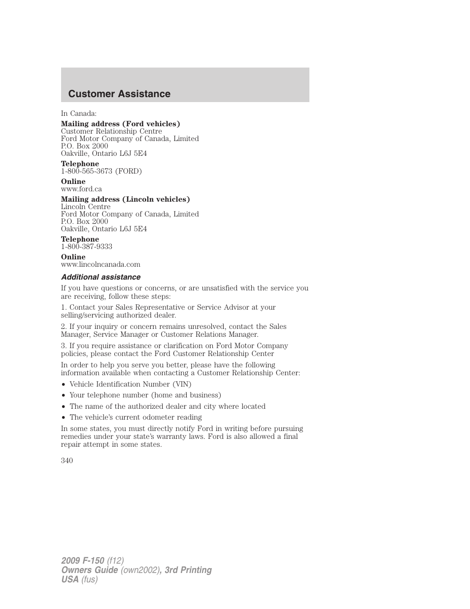 Additional assistance, Customer assistance | FORD 2009 F-150 v.3 User Manual | Page 340 / 409