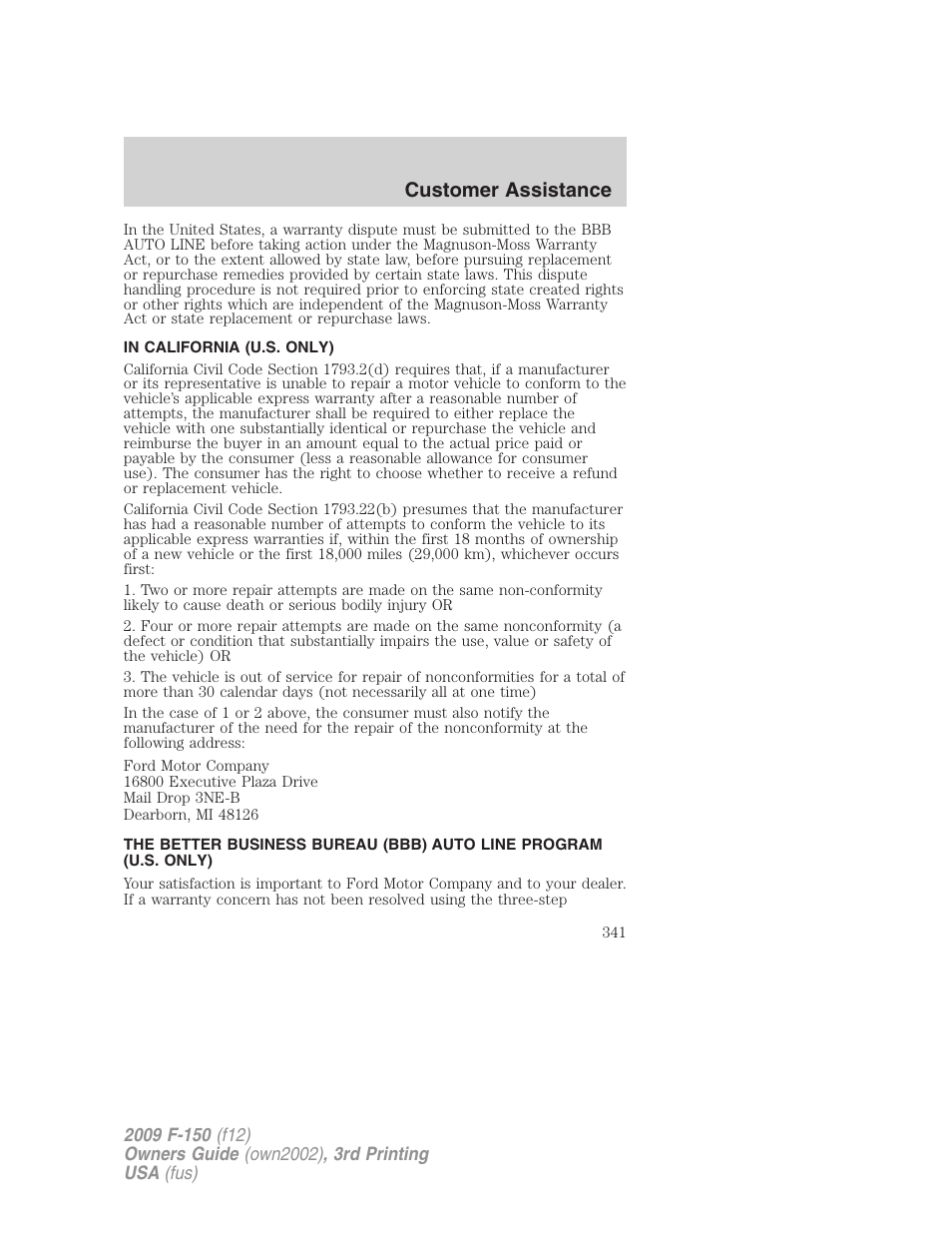 In california (u.s. only), Customer assistance | FORD 2009 F-150 v.3 User Manual | Page 341 / 409