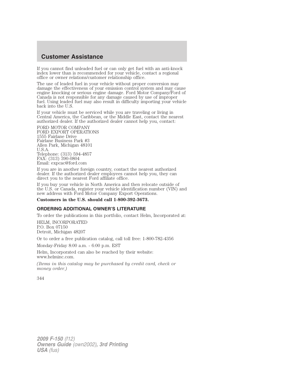 Ordering additional owner’s literature, Customer assistance | FORD 2009 F-150 v.3 User Manual | Page 344 / 409