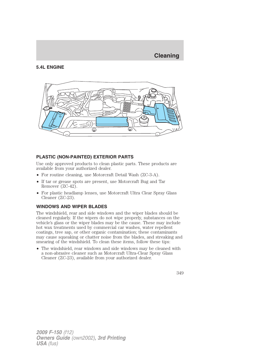 4l engine, Plastic (non-painted) exterior parts, Windows and wiper blades | Cleaning | FORD 2009 F-150 v.3 User Manual | Page 349 / 409