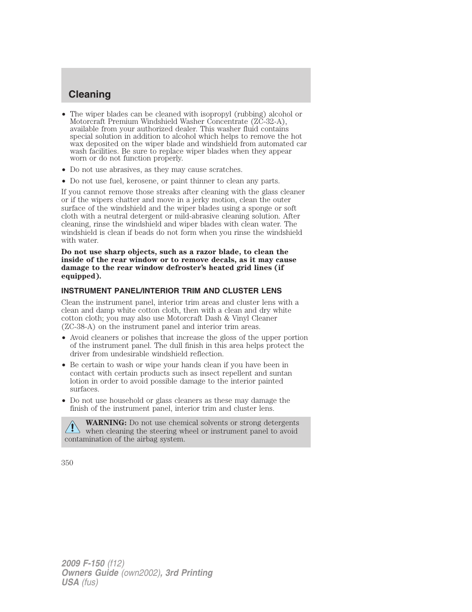 Instrument panel/interior trim and cluster lens, Cleaning | FORD 2009 F-150 v.3 User Manual | Page 350 / 409
