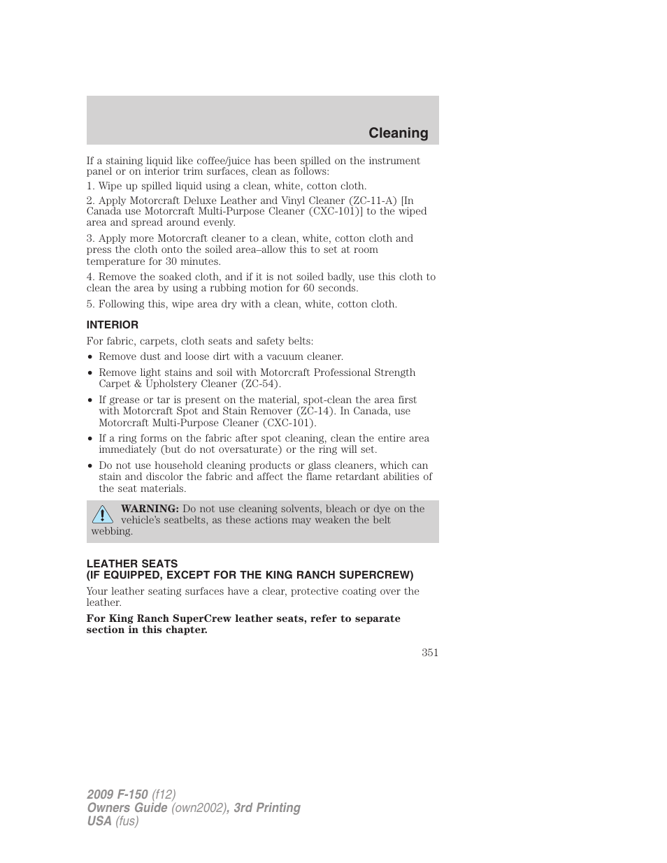 Interior, Cleaning | FORD 2009 F-150 v.3 User Manual | Page 351 / 409