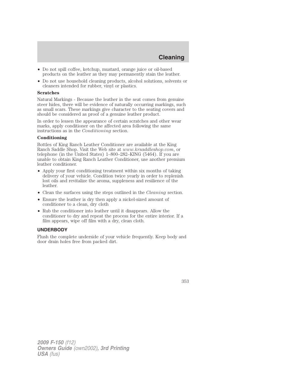 Underbody, Cleaning | FORD 2009 F-150 v.3 User Manual | Page 353 / 409