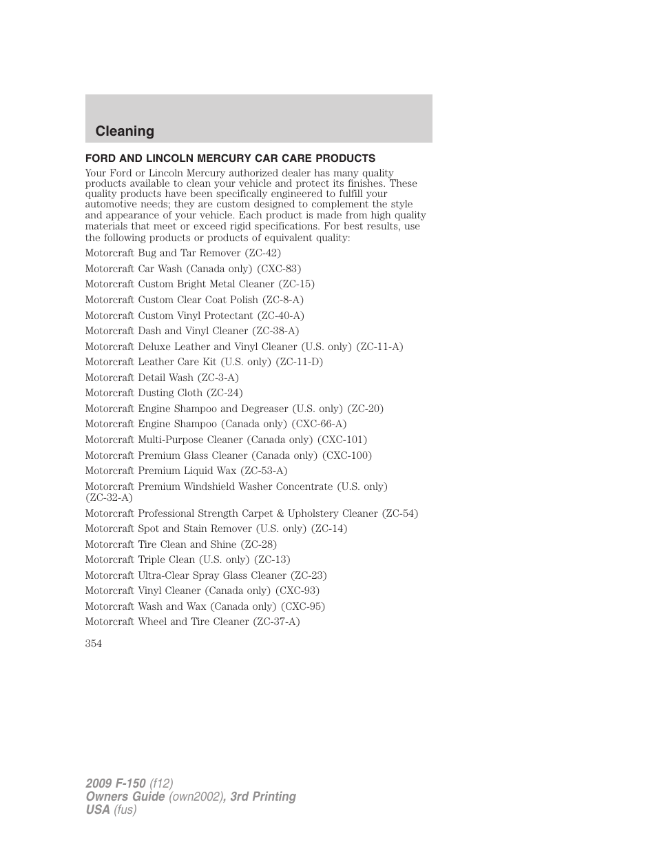 Ford and lincoln mercury car care products, Cleaning | FORD 2009 F-150 v.3 User Manual | Page 354 / 409