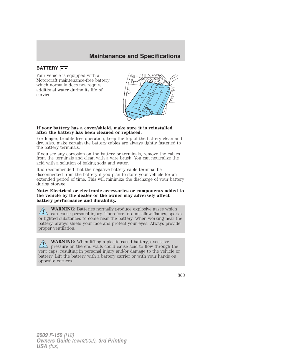 Battery, Maintenance and specifications | FORD 2009 F-150 v.3 User Manual | Page 363 / 409