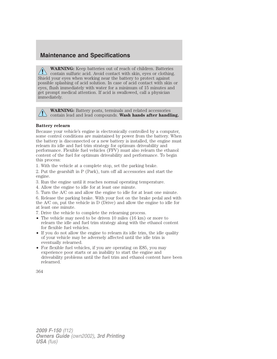 Maintenance and specifications | FORD 2009 F-150 v.3 User Manual | Page 364 / 409