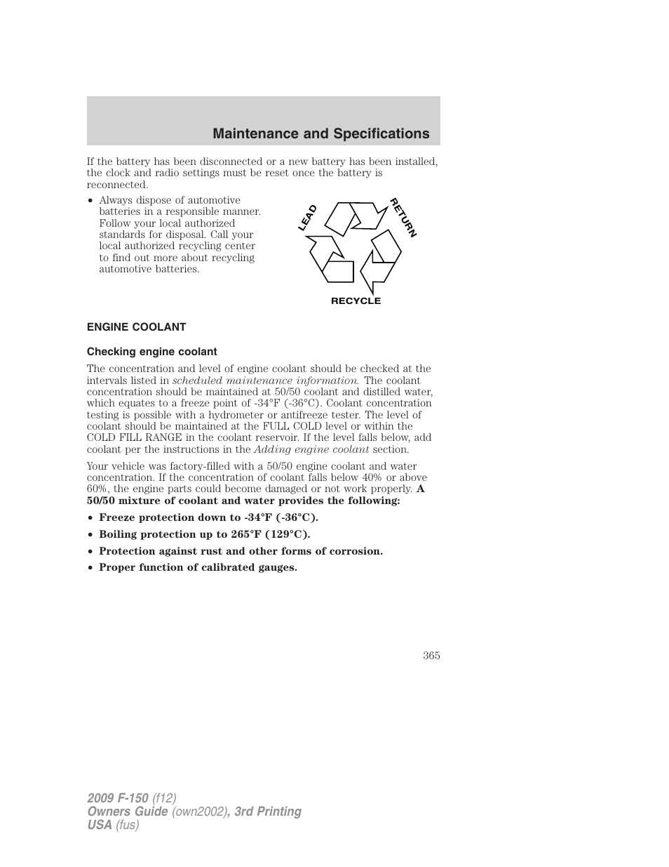 Engine coolant, Checking engine coolant, Maintenance and specifications | FORD 2009 F-150 v.3 User Manual | Page 365 / 409