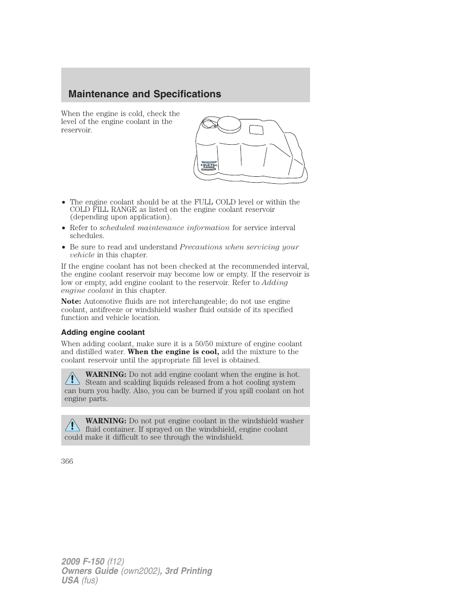 Adding engine coolant, Maintenance and specifications | FORD 2009 F-150 v.3 User Manual | Page 366 / 409
