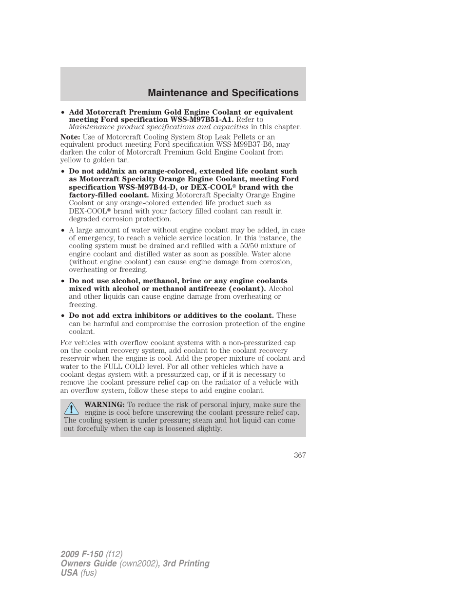 Maintenance and specifications | FORD 2009 F-150 v.3 User Manual | Page 367 / 409