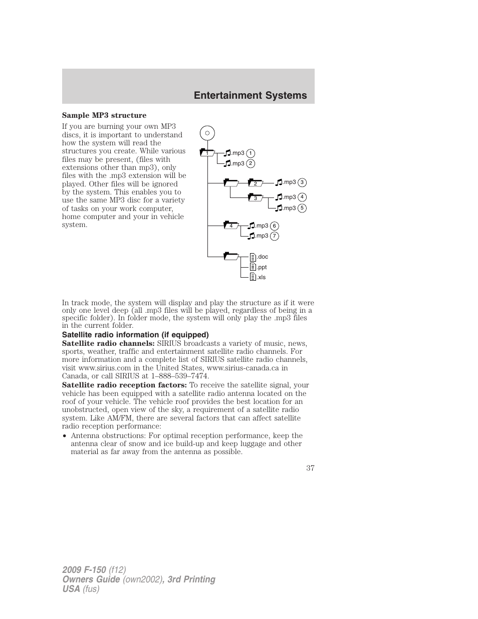 Satellite radio information (if equipped), Satellite radio information, Entertainment systems | FORD 2009 F-150 v.3 User Manual | Page 37 / 409