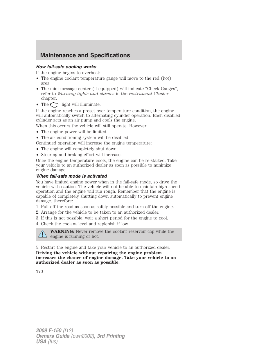 How fail-safe cooling works, When fail-safe mode is activated, Maintenance and specifications | FORD 2009 F-150 v.3 User Manual | Page 370 / 409