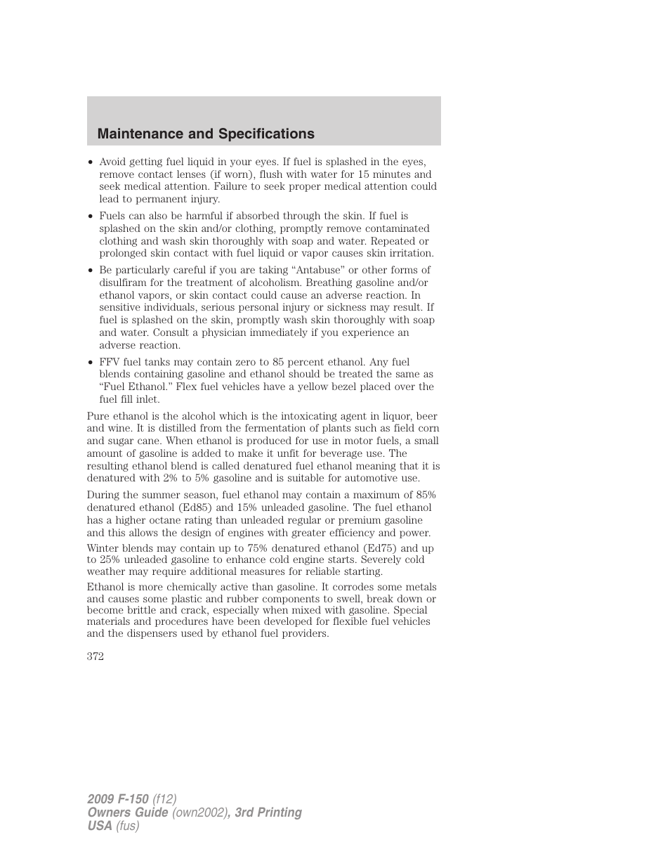 Maintenance and specifications | FORD 2009 F-150 v.3 User Manual | Page 372 / 409