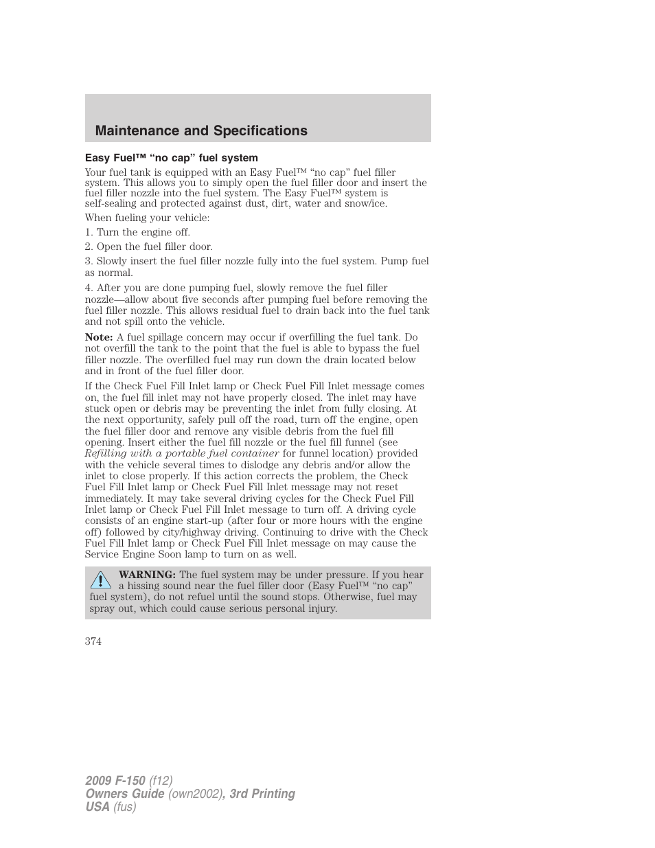 Easy fuel™ “no cap” fuel system, Maintenance and specifications | FORD 2009 F-150 v.3 User Manual | Page 374 / 409