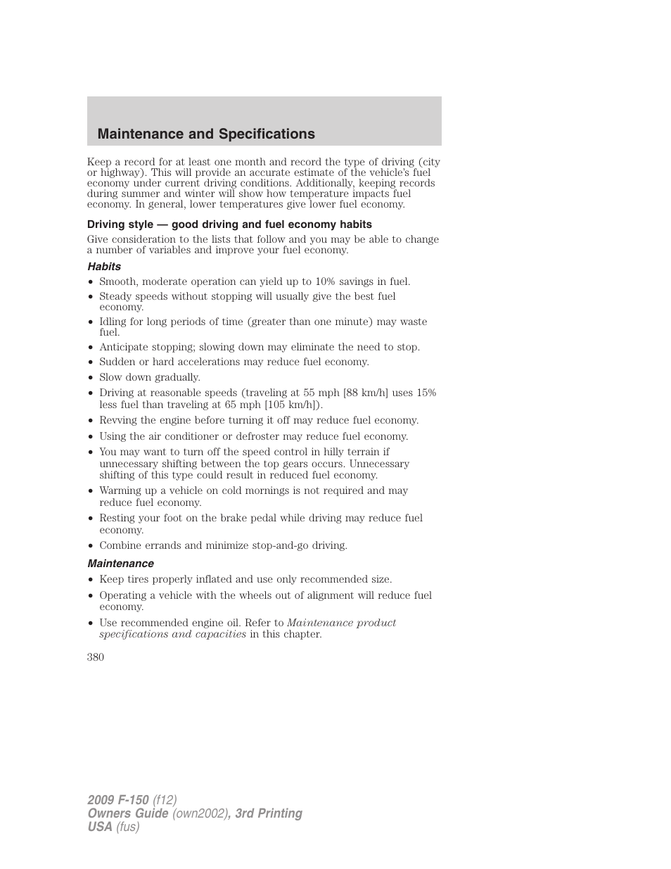 Habits, Maintenance, Maintenance and specifications | FORD 2009 F-150 v.3 User Manual | Page 380 / 409