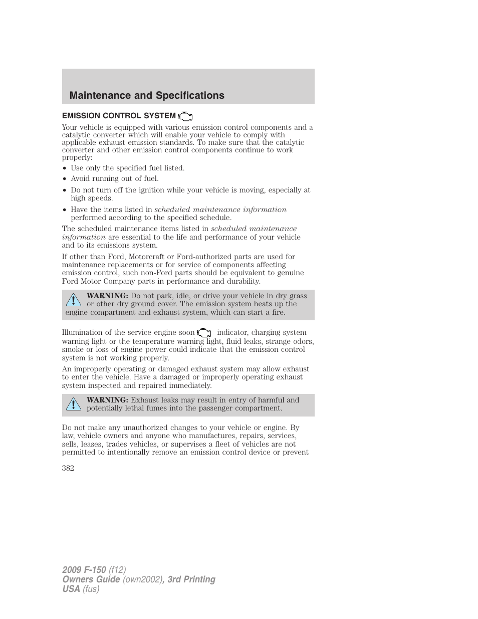 Emission control system, Maintenance and specifications | FORD 2009 F-150 v.3 User Manual | Page 382 / 409