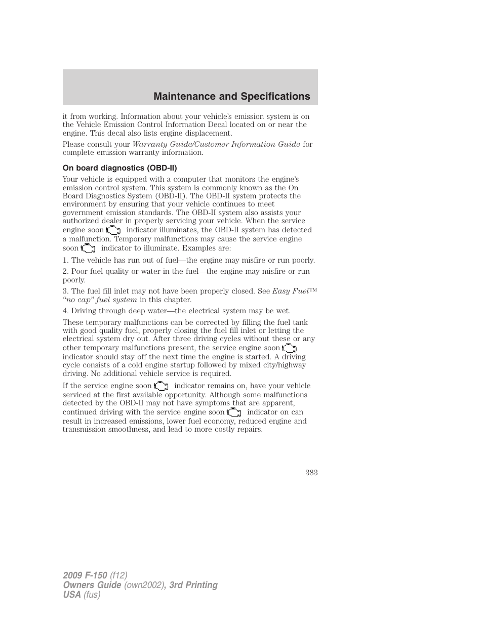 On board diagnostics (obd-ii), Maintenance and specifications | FORD 2009 F-150 v.3 User Manual | Page 383 / 409