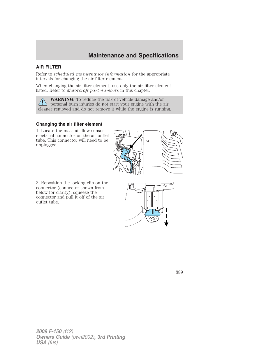 Air filter, Changing the air filter element, Air filter(s) | Maintenance and specifications | FORD 2009 F-150 v.3 User Manual | Page 389 / 409