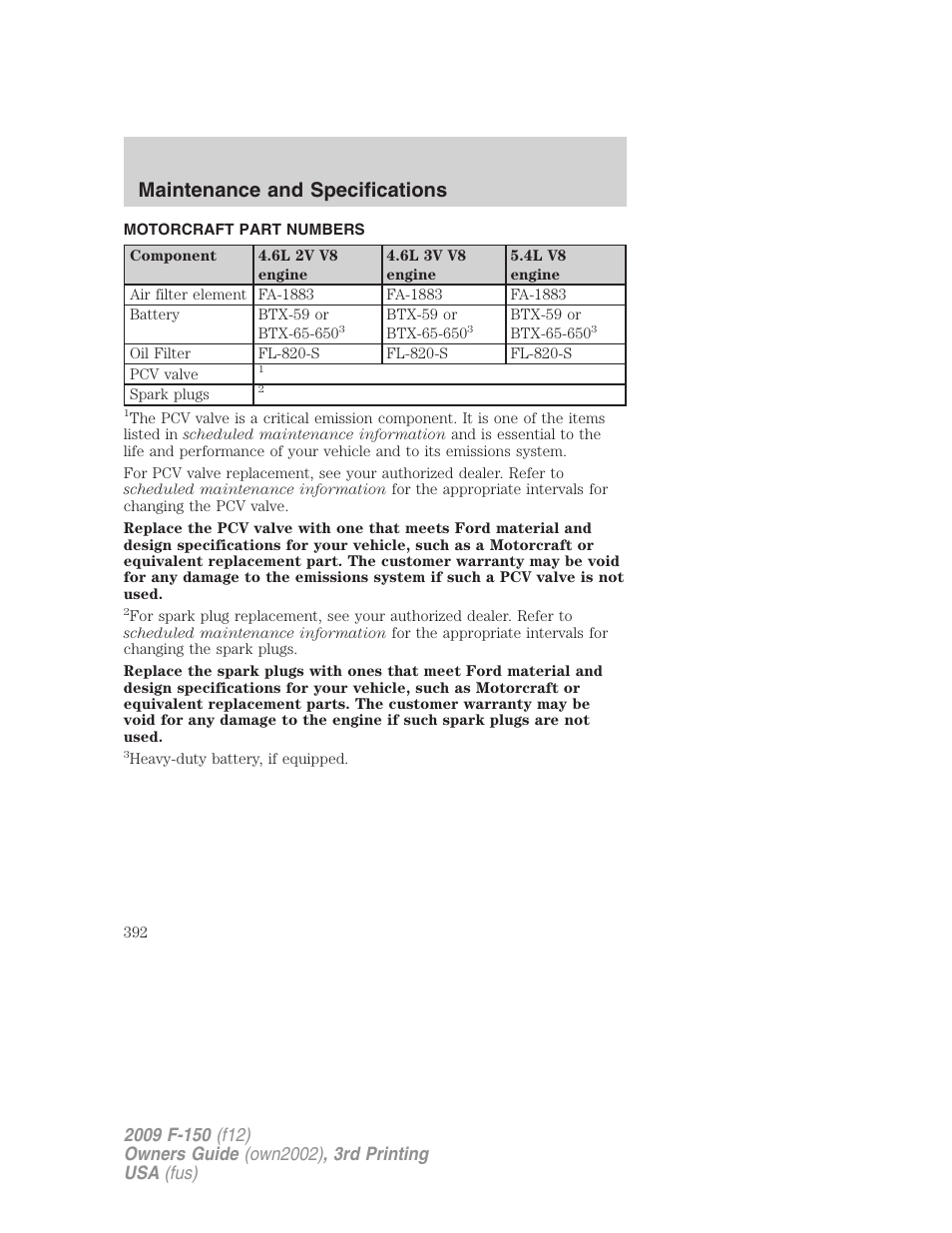 Motorcraft part numbers, Part numbers, Maintenance and specifications | FORD 2009 F-150 v.3 User Manual | Page 392 / 409