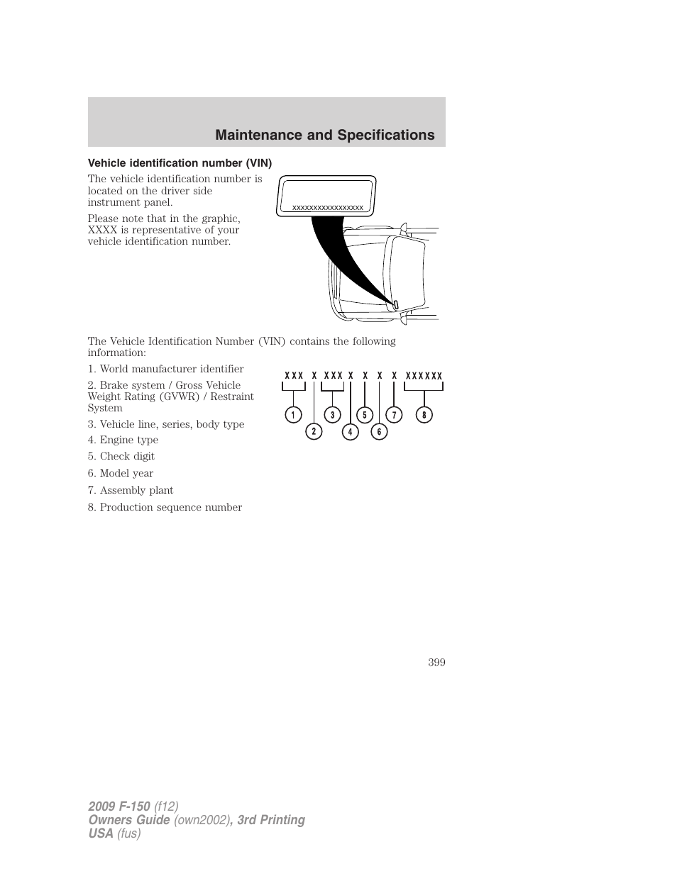 Vehicle identification number (vin), Maintenance and specifications | FORD 2009 F-150 v.3 User Manual | Page 399 / 409