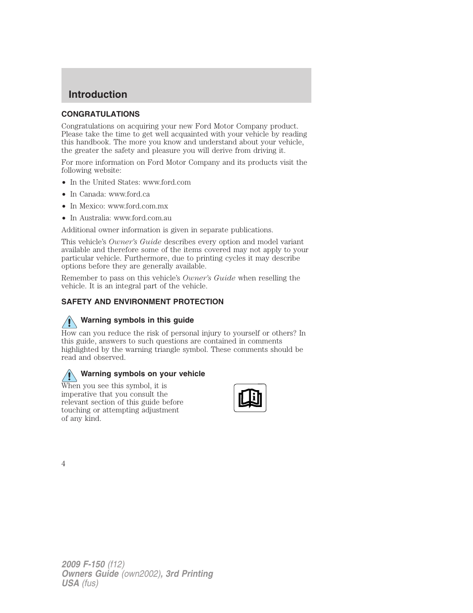 Introduction, Congratulations, Safety and environment protection | Warning symbols in this guide, Warning symbols on your vehicle | FORD 2009 F-150 v.3 User Manual | Page 4 / 409