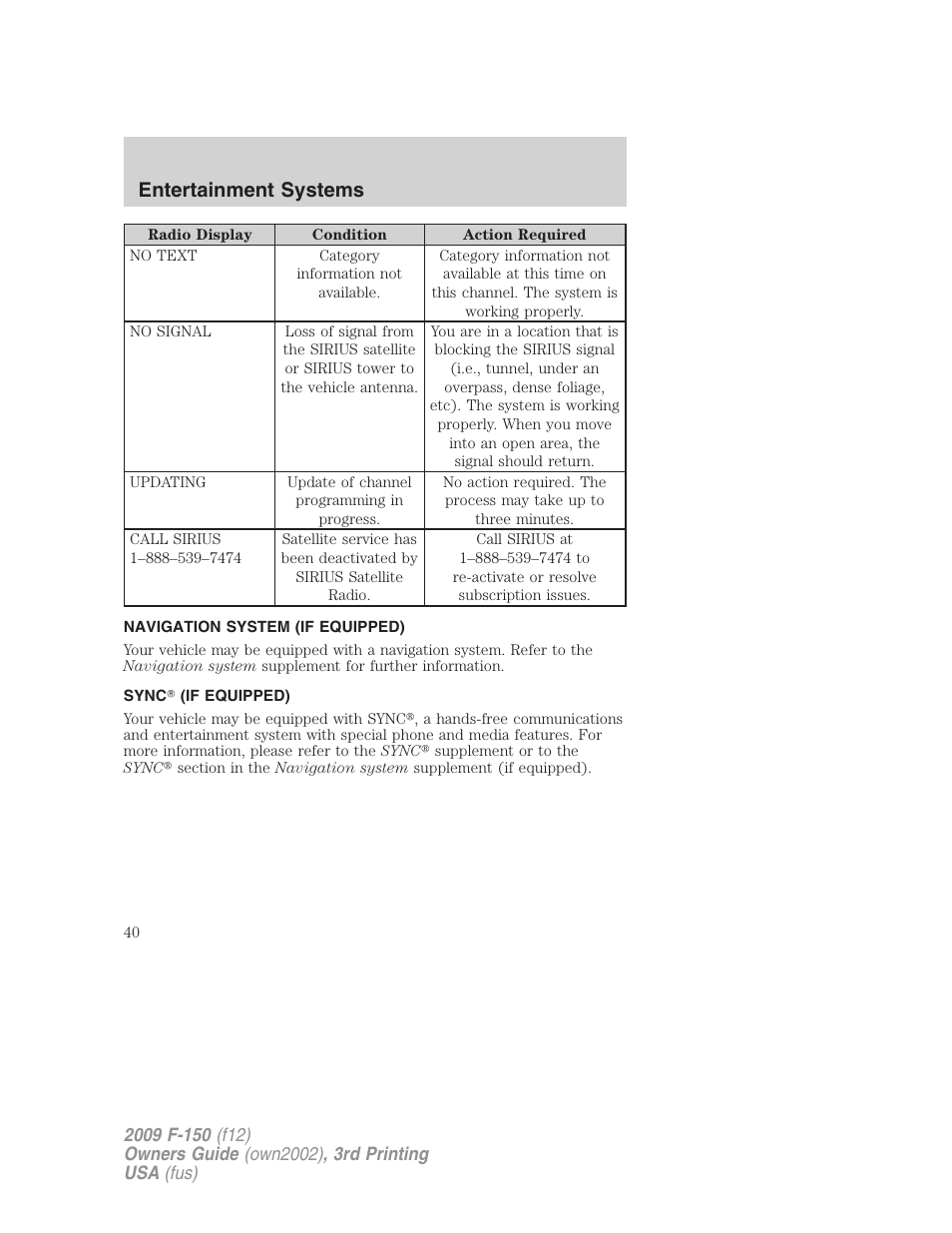 Navigation system (if equipped), Sync (if equipped), Navigation system | Sync, Entertainment systems | FORD 2009 F-150 v.3 User Manual | Page 40 / 409