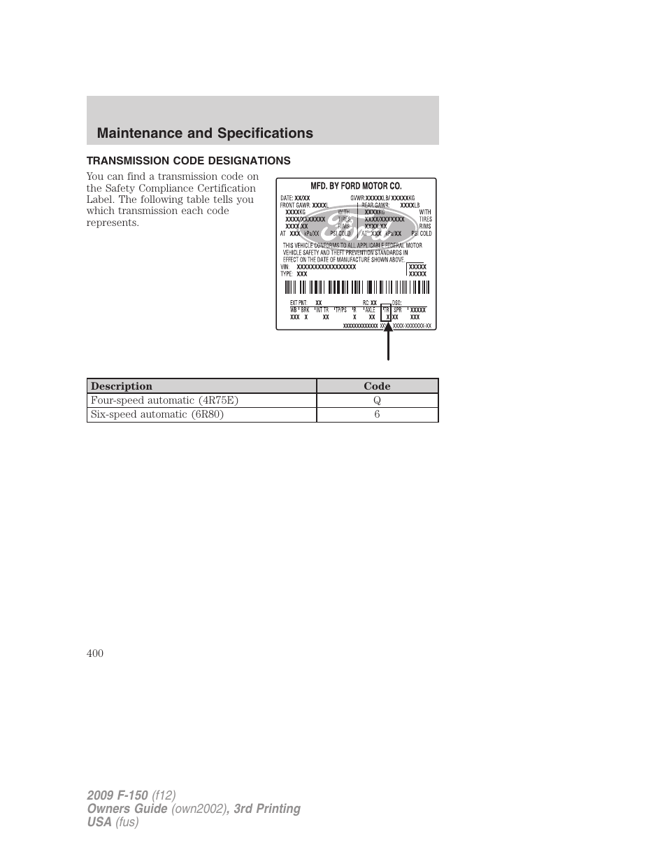 Transmission code designations, Maintenance and specifications | FORD 2009 F-150 v.3 User Manual | Page 400 / 409