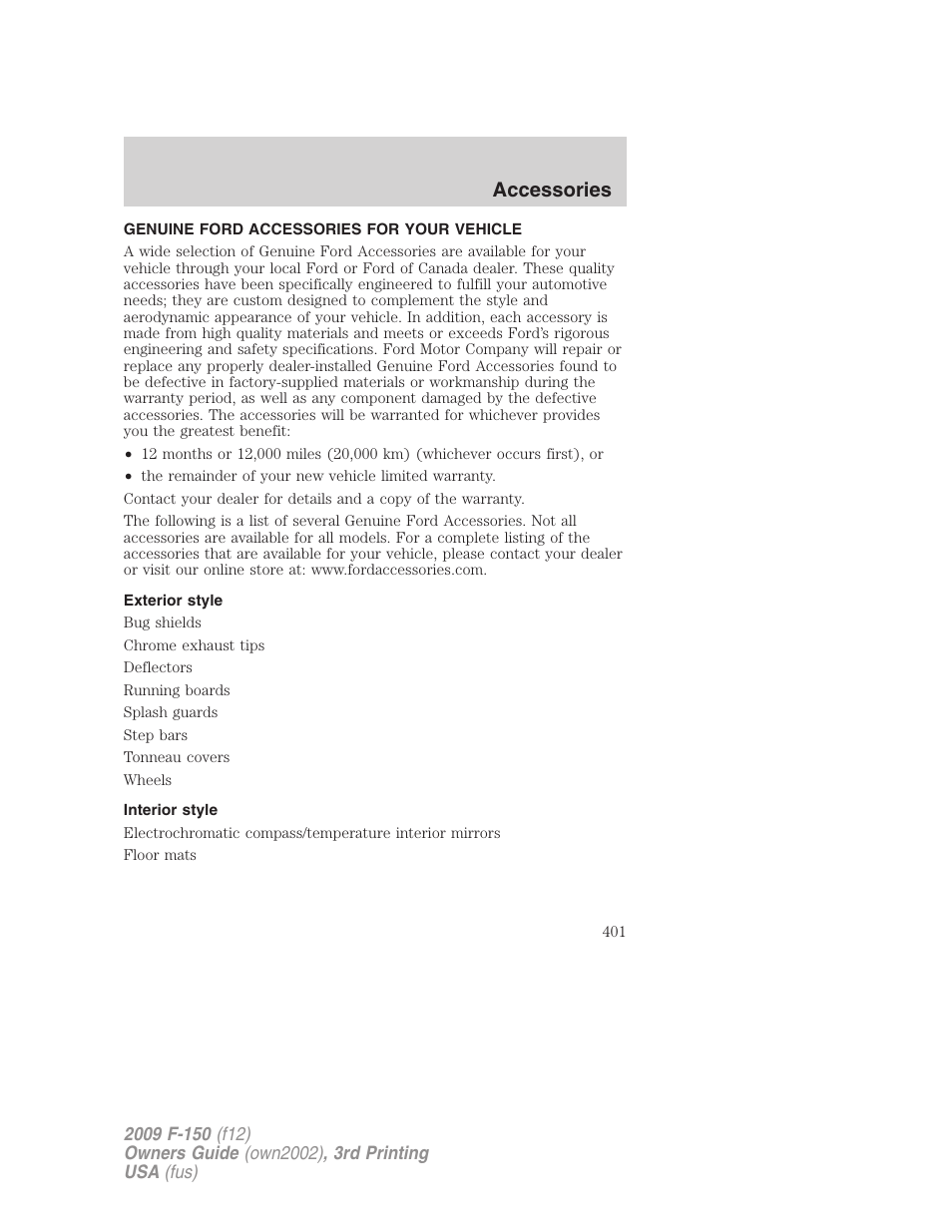 Accessories, Genuine ford accessories for your vehicle, Exterior style | Interior style | FORD 2009 F-150 v.3 User Manual | Page 401 / 409