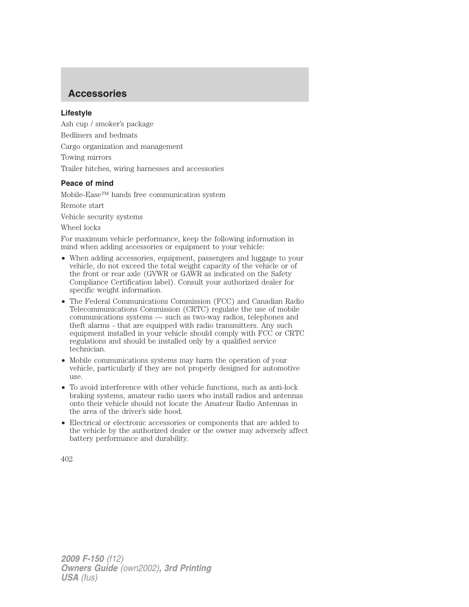Lifestyle, Peace of mind, Accessories | FORD 2009 F-150 v.3 User Manual | Page 402 / 409