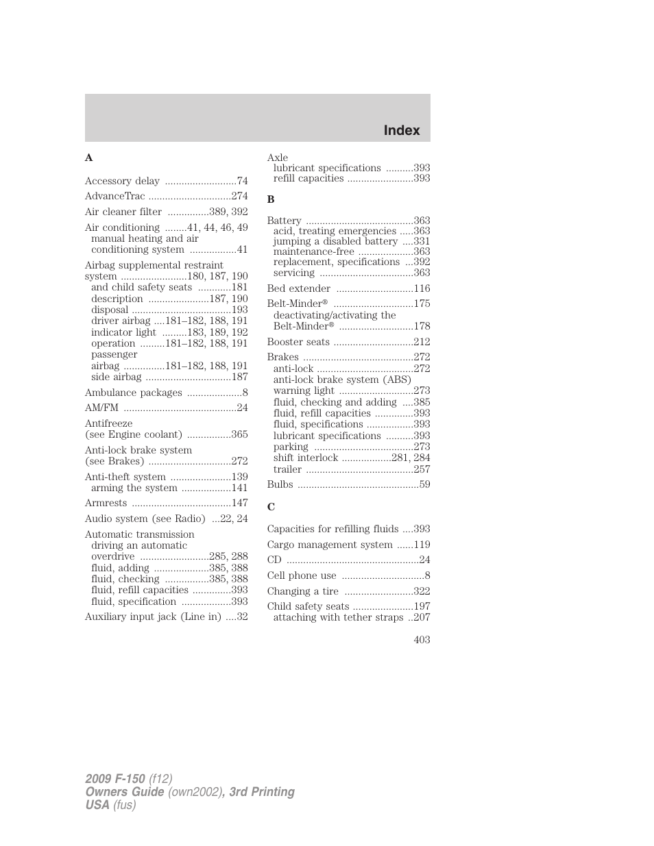 Index | FORD 2009 F-150 v.3 User Manual | Page 403 / 409