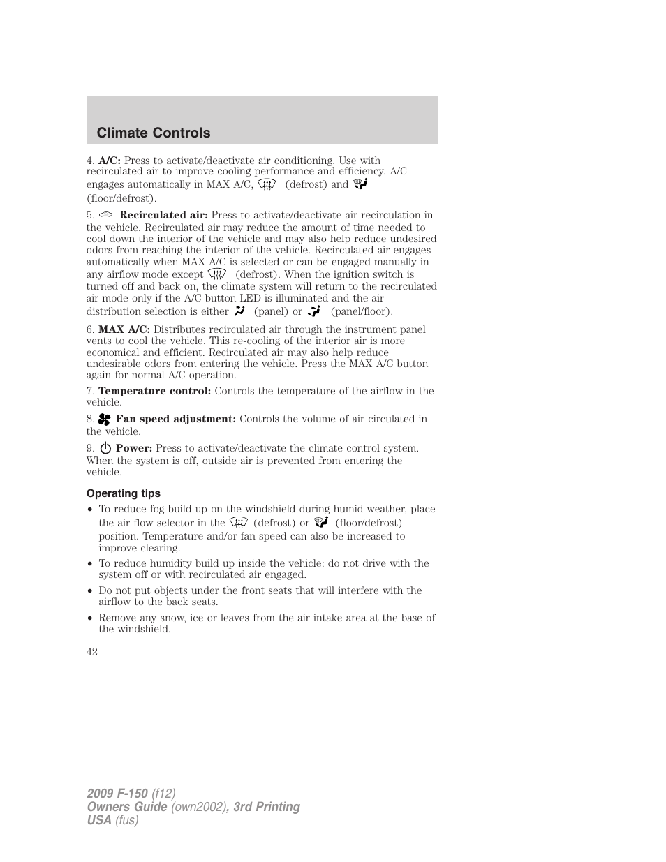 Operating tips, Climate controls | FORD 2009 F-150 v.3 User Manual | Page 42 / 409