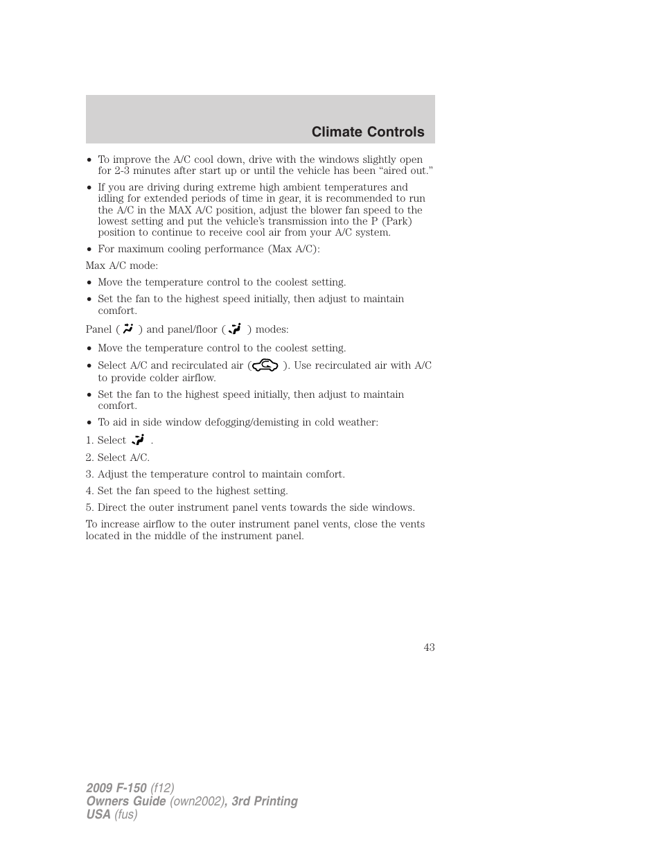 Climate controls | FORD 2009 F-150 v.3 User Manual | Page 43 / 409