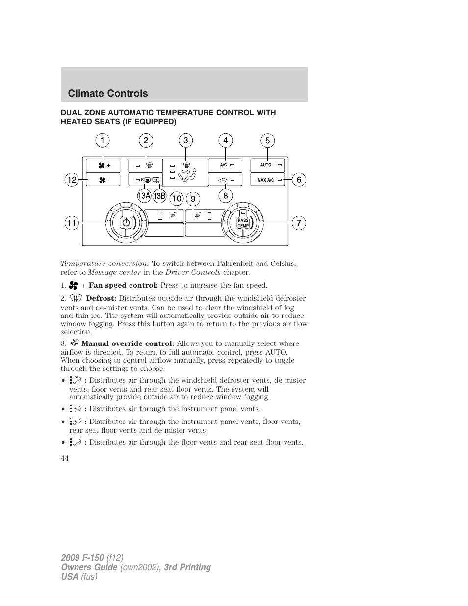 Dual electronic automatic temperature control, Climate controls | FORD 2009 F-150 v.3 User Manual | Page 44 / 409