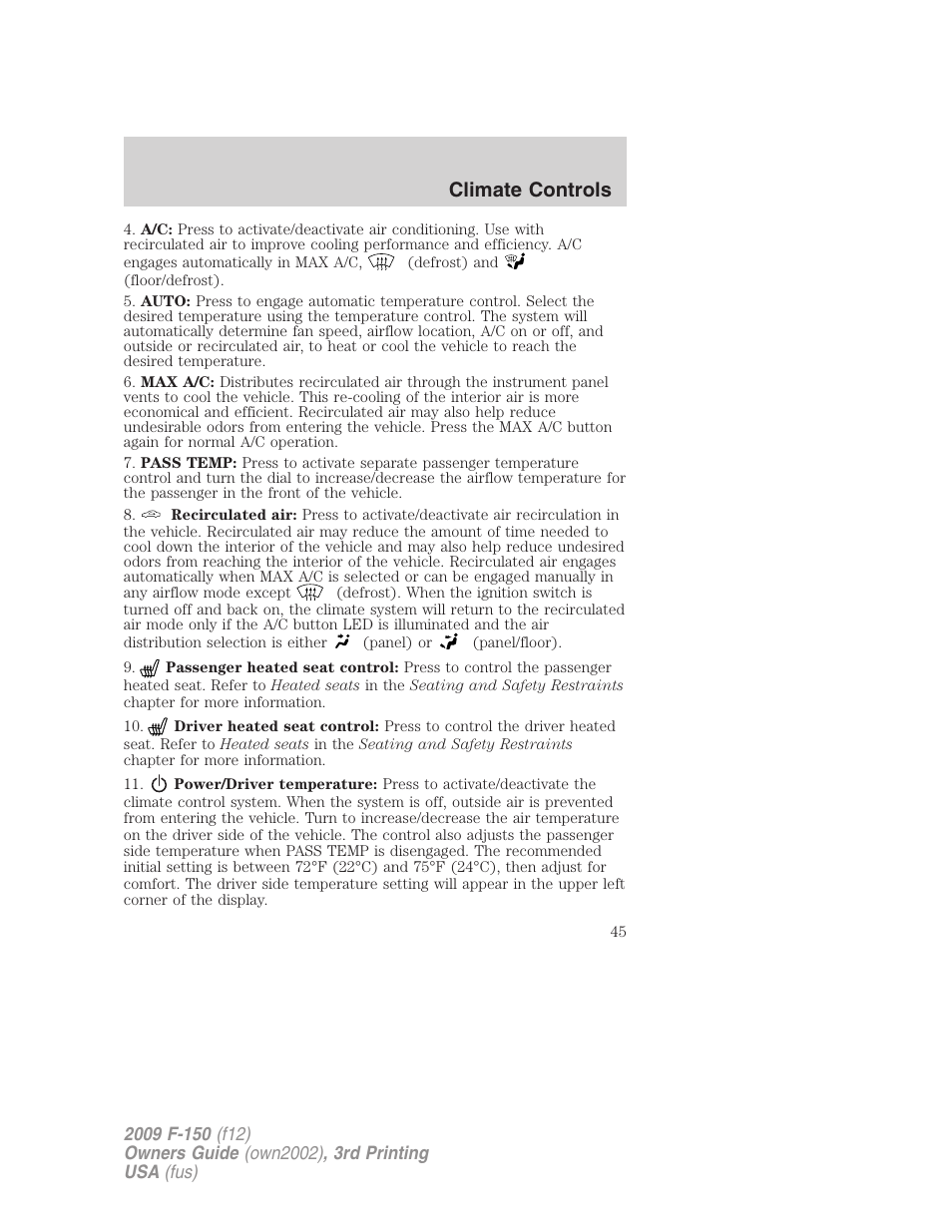 Climate controls | FORD 2009 F-150 v.3 User Manual | Page 45 / 409