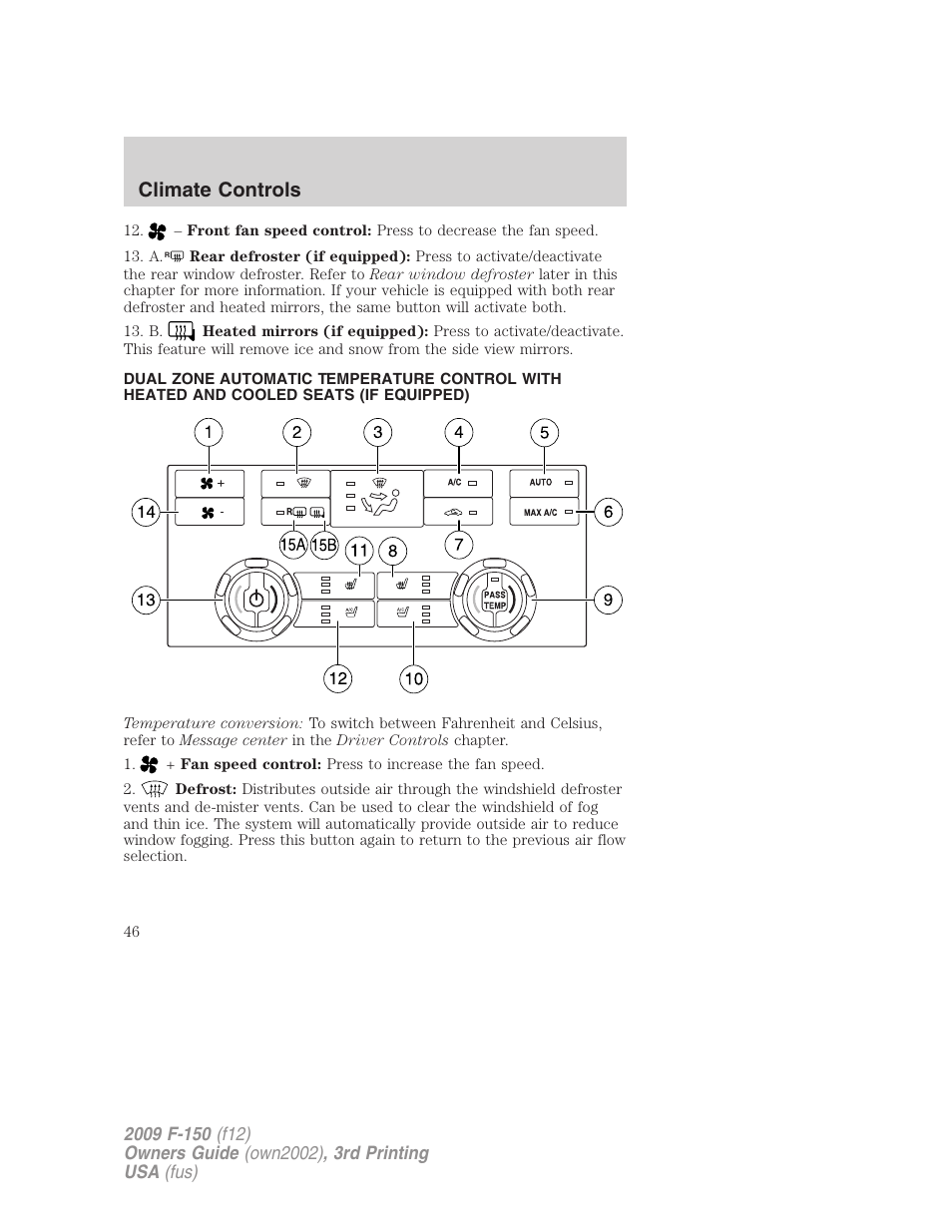 Climate controls | FORD 2009 F-150 v.3 User Manual | Page 46 / 409