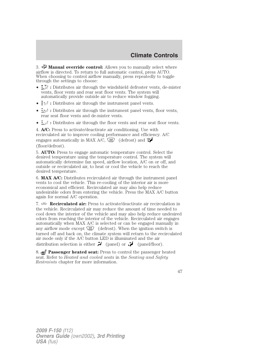 Climate controls | FORD 2009 F-150 v.3 User Manual | Page 47 / 409